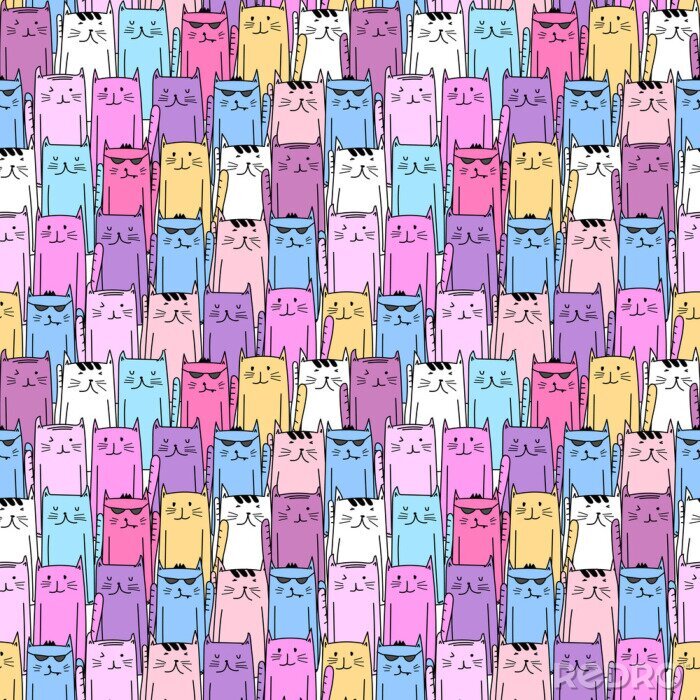 Behang Cute cat seamless pattern background. Vector illustration.