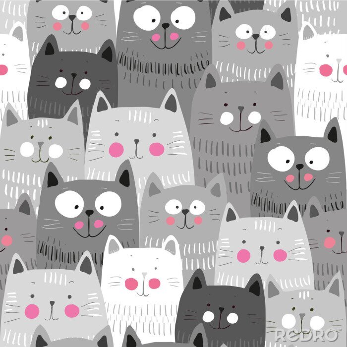 Behang Cute cats, colorful seamless pattern background with cats