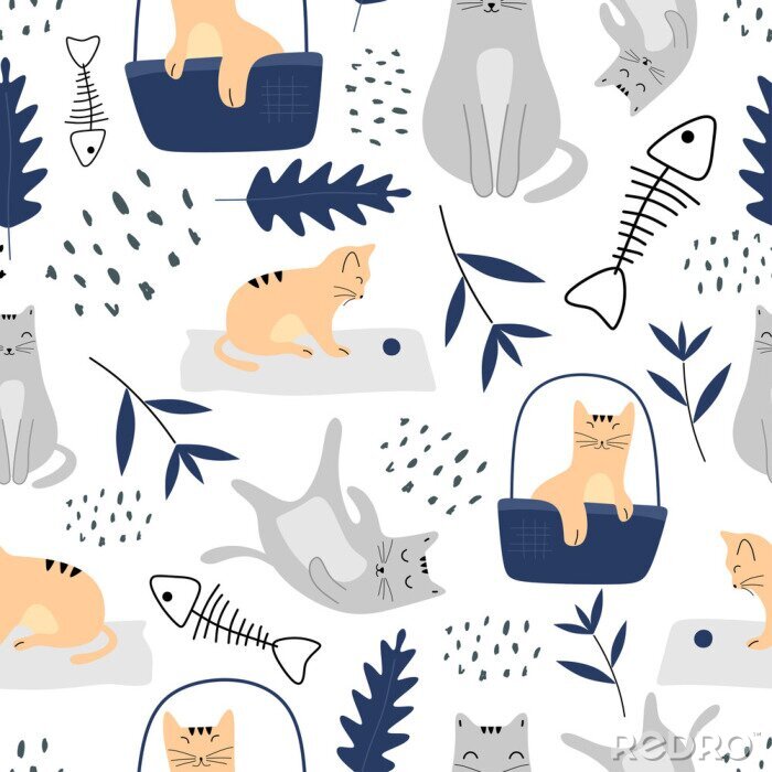 Behang Cute cats seamless pattern with funny animal pastel colors. Vector illustration hand drawn childish drawing scandinavian style for fashion textile print.
