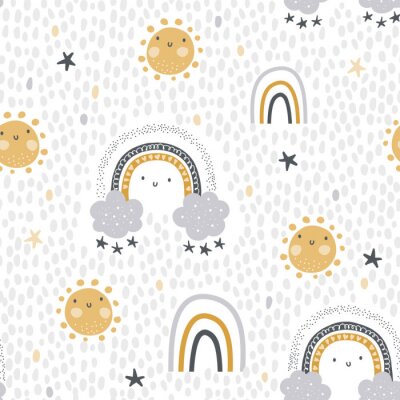 Behang Cute , childish seamless vector pattern for baby textile. Nursery decor, prints,  in abstract scandinavian style. Hand drawn rainbow, sun, stars and polka dots background. Pastel, tender colors. 