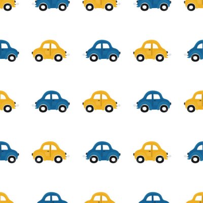 Behang Cute children's seamless pattern with blue and yellow small cars on a light background. Illustration of a automobils in a cartoon style for Wallpaper, fabric, and textile design. Vector
