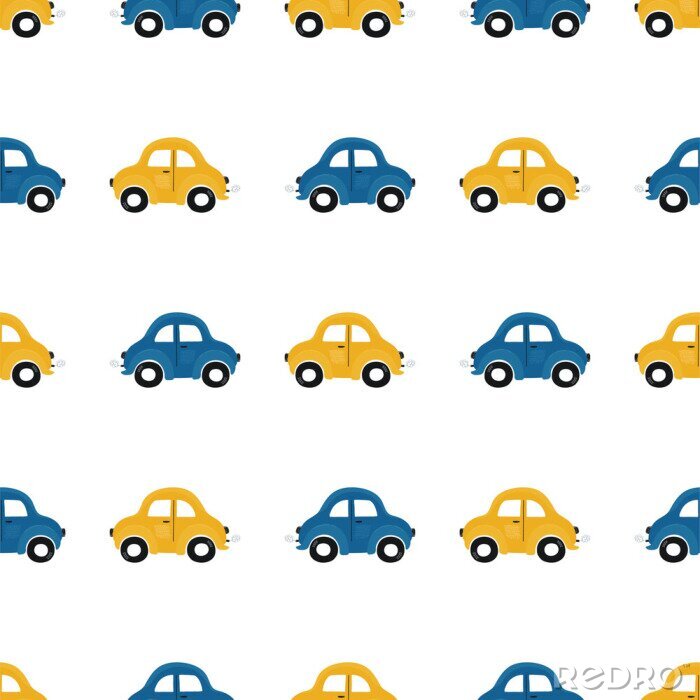 Behang Cute children's seamless pattern with blue and yellow small cars on a light background. Illustration of a automobils in a cartoon style for Wallpaper, fabric, and textile design. Vector
