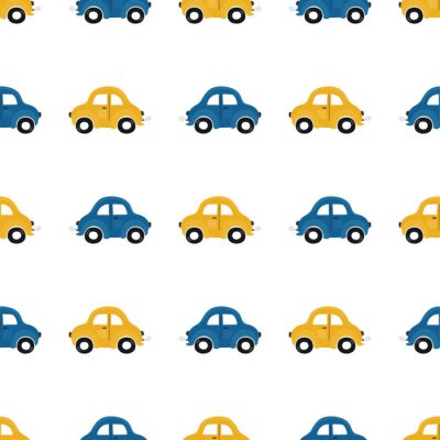 Behang Cute children's seamless pattern with blue and yellow small cars on a light background. Illustration of a automobils in a cartoon style for Wallpaper, fabric, and textile design. Vector