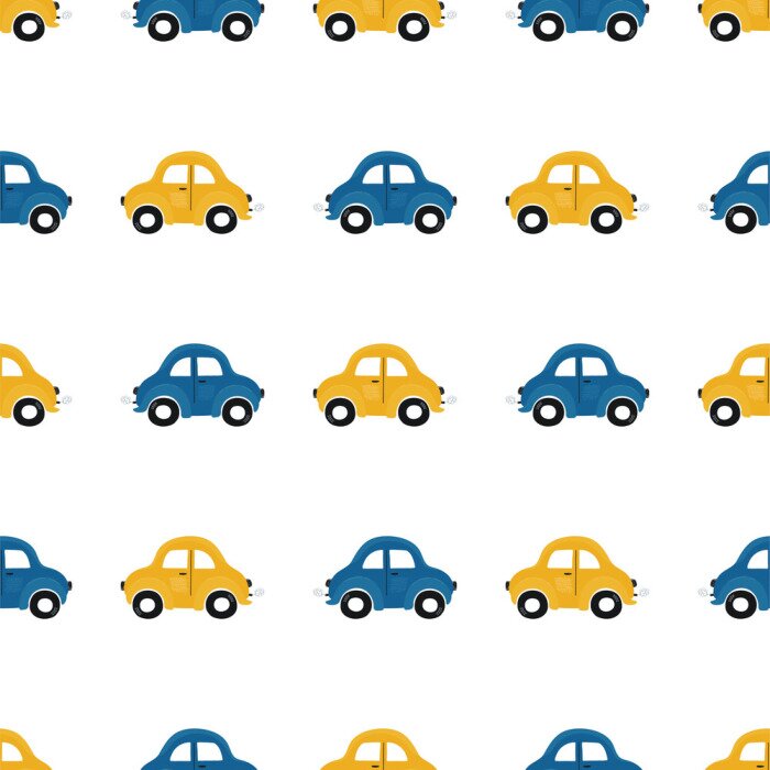 Behang Cute children's seamless pattern with blue and yellow small cars on a light background. Illustration of a automobils in a cartoon style for Wallpaper, fabric, and textile design. Vector
