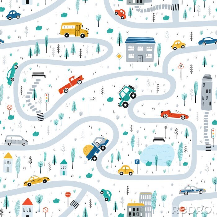 Behang Cute children's seamless pattern with cars, road, Park, houses on a white background. Illustration of a town in a cartoon style for Wallpaper, fabric, and textile design. Vector