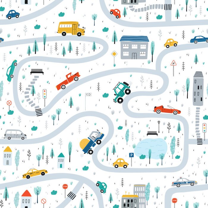 Behang Cute children's seamless pattern with cars, road, Park, houses on a white background. Illustration of a town in a cartoon style for Wallpaper, fabric, and textile design. Vector