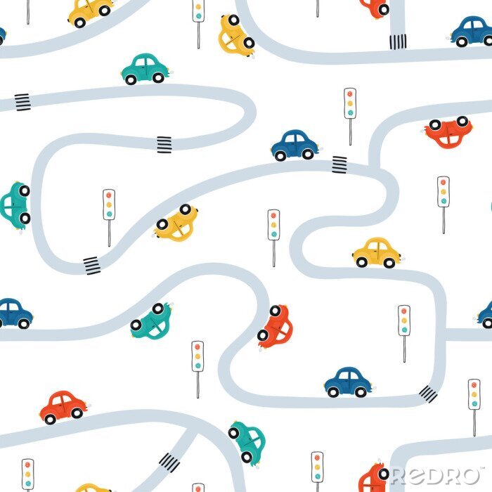 Behang Cute children's seamless pattern with mini cars on a white background. Illustration of a town in a cartoon style for Wallpaper, fabric, and textile design. Vector