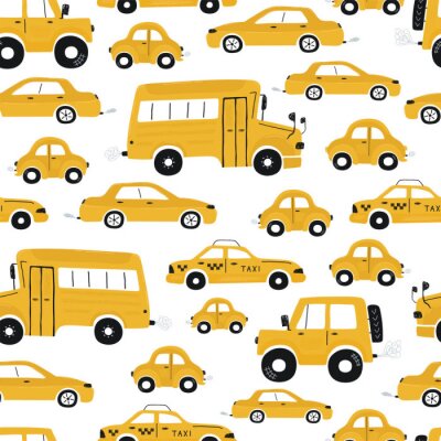 Behang Cute children's seamless pattern with yellow cars and bus on a white background. Illustration of a town in a cartoon style for Wallpaper, fabric, and textile design. Vector