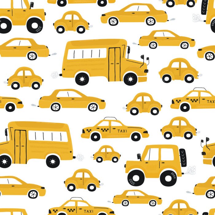 Behang Cute children's seamless pattern with yellow cars and bus on a white background. Illustration of a town in a cartoon style for Wallpaper, fabric, and textile design. Vector