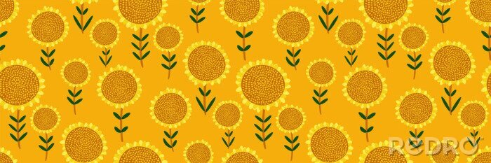 Behang Cute floral print. Seamless pattern with small hand drawn sunflowers on bright yellow background. Abstract botanical panorama, Wallpaper, fabric, template for sunny design...Vector illustration.