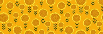 Behang Cute floral print. Seamless pattern with small hand drawn sunflowers on bright yellow background. Abstract botanical panorama, Wallpaper, fabric, template for sunny design...Vector illustration.