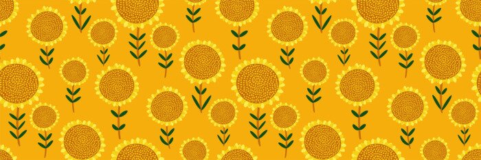 Behang Cute floral print. Seamless pattern with small hand drawn sunflowers on bright yellow background. Abstract botanical panorama, Wallpaper, fabric, template for sunny design...Vector illustration.