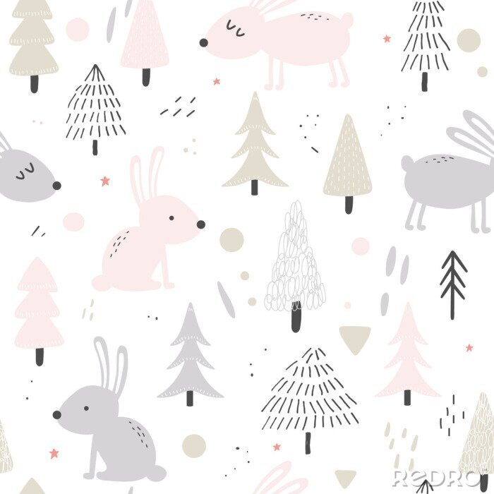 Behang Cute hares nature seamless background
