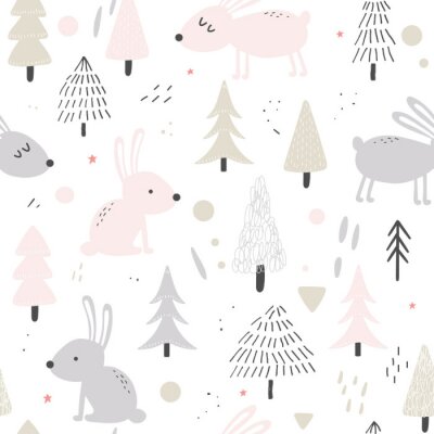 Behang Cute hares nature seamless background