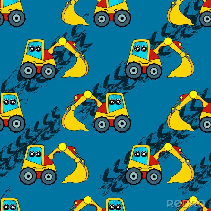 Behang Cute kids car, tractor pattern for girls and boys. Colorful car, auto, tractor on the abstract bright background create a fun cartoon drawing. Urban pattern for textile and fabric, kids. Neon color