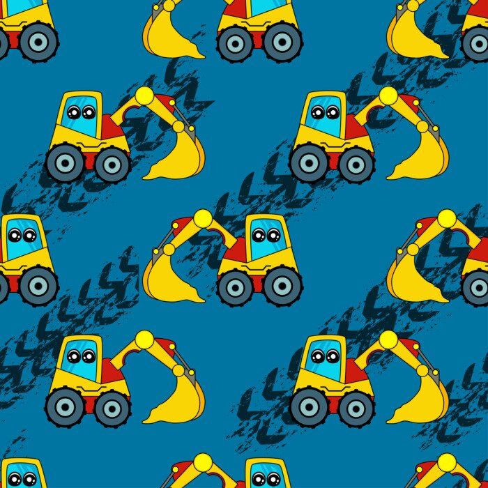 Behang Cute kids car, tractor pattern for girls and boys. Colorful car, auto, tractor on the abstract bright background create a fun cartoon drawing. Urban pattern for textile and fabric, kids. Neon color