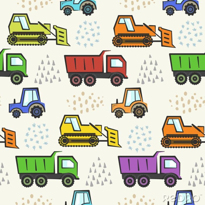 Behang Cute kids seamless pattern with flat colorful industrial transport and abstract hand drawn shapes. Childish boys texture with cartoon dozer, tractor and dumper for textile, wrapping paper, wallpaper
