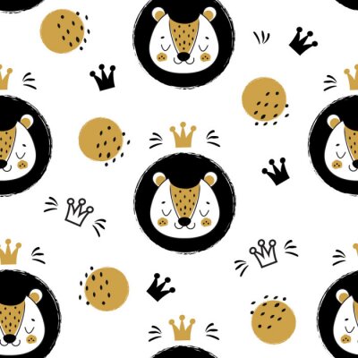 Behang Cute lion face and crowns. Seamless pattern, background with cartoon animal in scandinavian style