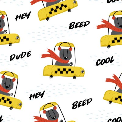 Behang Cute seamless pattern with funny bear taxi driver. Perfect for kids apparel, fabric, textile, nursery decoration, wrapping paper. Childish vector background. Winter background.