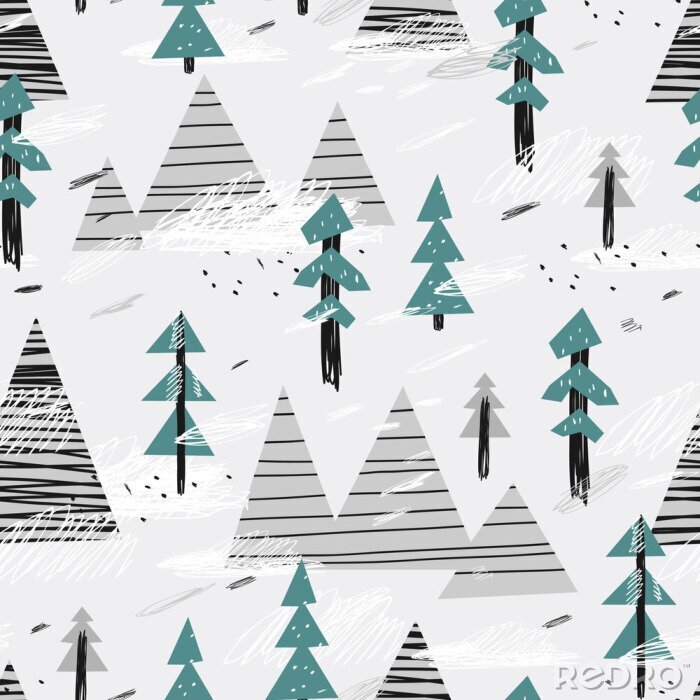 Behang Cute seamless pattern with mountains and trees. Creative scandinavian woodland background. Vector illustration. Childish illustration.