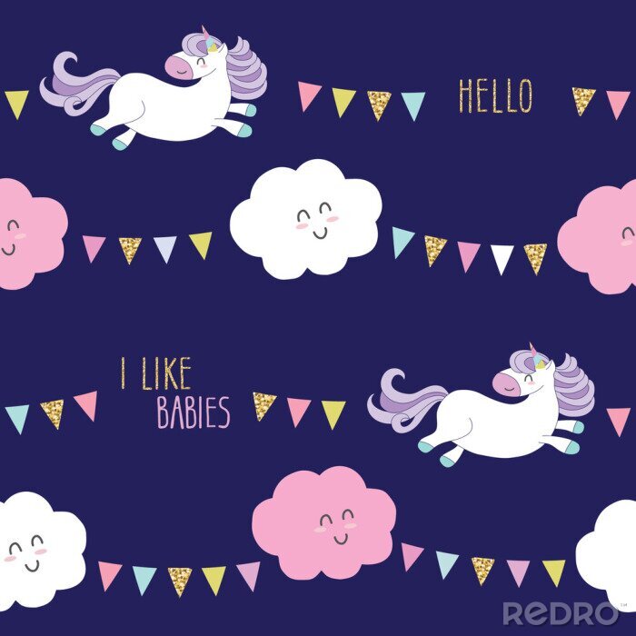 Behang Cute unicorn seamless pattern background with cartoon kawaii clouds and garlands. For kids clothes, pajamas, baby shower design.