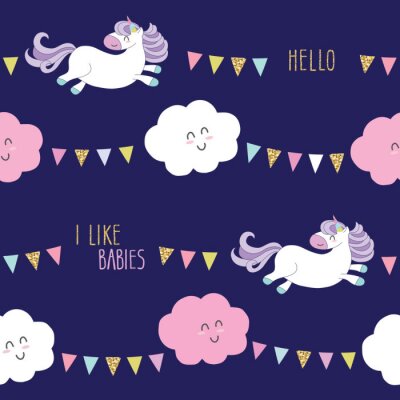 Behang Cute unicorn seamless pattern background with cartoon kawaii clouds and garlands. For kids clothes, pajamas, baby shower design.