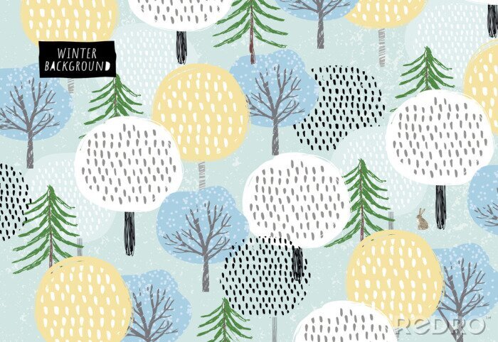 Behang Cute vector pattern of winter trees, spruce and snow. Background for the holidays of the new year and Christmas. Drawn by hand forest