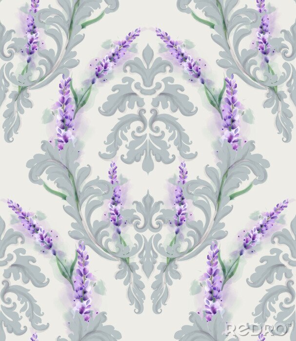 Behang Damask ornament and lavender Vector pattern. Delicate floral decor watercolor. Spring summer texture banner templates