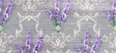 Behang Damask ornament and lavender Vector pattern. Delicate floral decor watercolor. Spring summer texture banner templates