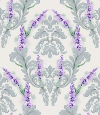 Behang Damask ornament and lavender Vector pattern. Delicate floral decor watercolor. Spring summer texture banner templates