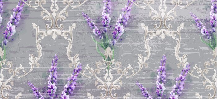 Behang Damask ornament and lavender Vector pattern. Delicate floral decor watercolor. Spring summer texture banner templates