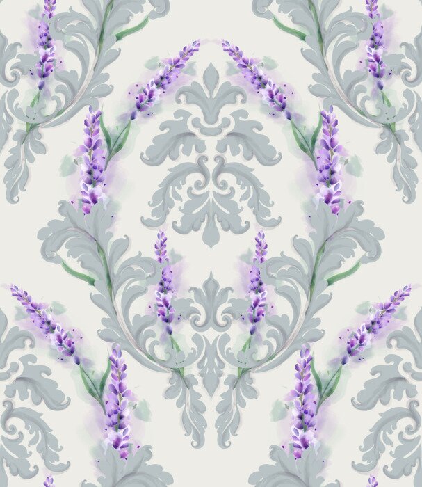 Behang Damask ornament and lavender Vector pattern. Delicate floral decor watercolor. Spring summer texture banner templates