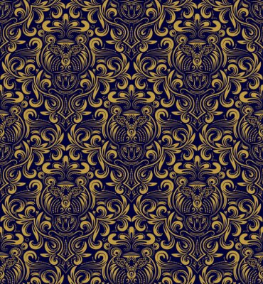 Behang Damast naadloze patroon herhalen achtergrond. Gouden blauwe bloemen ornament in barokke stijl. Antiek gouden herhaalbare behang.