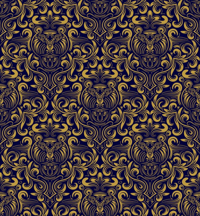 Behang Damast naadloze patroon herhalen achtergrond. Gouden blauwe bloemen ornament in barokke stijl. Antiek gouden herhaalbare behang.