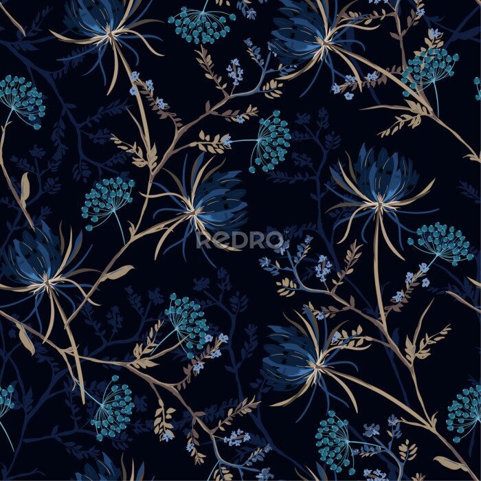Behang Dark garden night  monotone blue color Seamless pattern of soft and graceful oriental blooming flowers,botanical vector design for fashion,fabric,wallpaper,and all prints