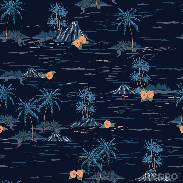 Behang Dark summer night mood seamless island pattern  Landscape with palm trees,beach and ocean vector hand drawn style