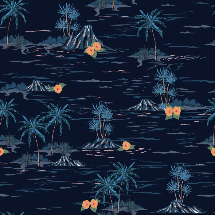Behang Dark summer night mood seamless island pattern  Landscape with palm trees,beach and ocean vector hand drawn style