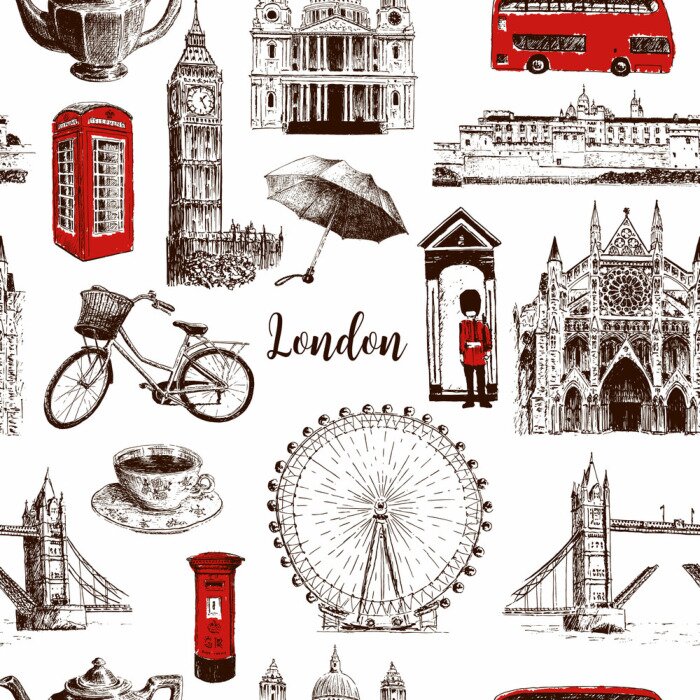 Behang De architecturale symbolen van Londen overhandigen getrokken vector naadloze patroonschets. Big Ben, Tower Bridge, rode bus, brievenbus, telefooncel, bewaker