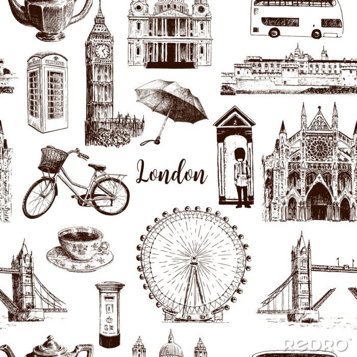 Behang De architecturale symbolen van Londen overhandigen getrokken vector naadloze patroonschets. Big Ben, Tower Bridge, rode bus, brievenbus, telefooncel. St. Paul Cathedral
