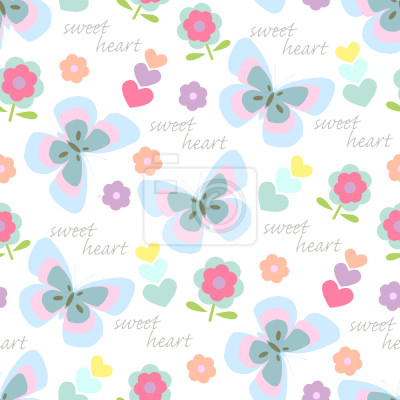 Behang De harten en de bloemen van pastelkleurvlinders