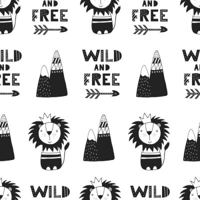 Behang De leeuwenkoning en bergen in scandinavische stijl