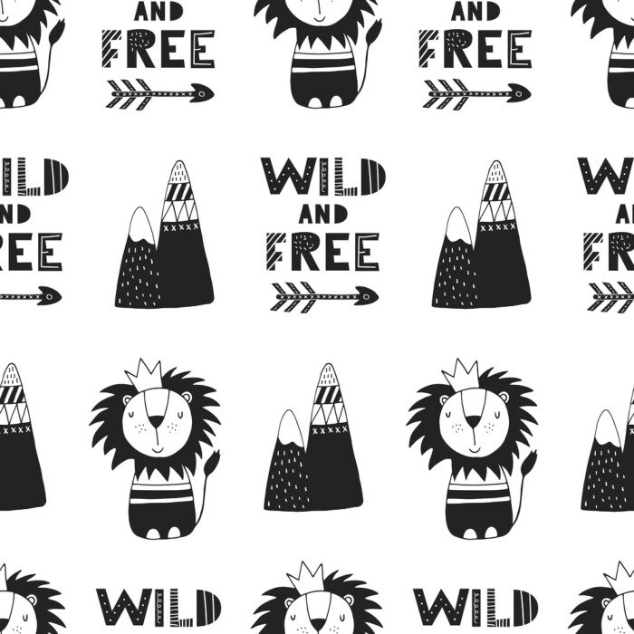 Behang De leeuwenkoning en bergen in scandinavische stijl