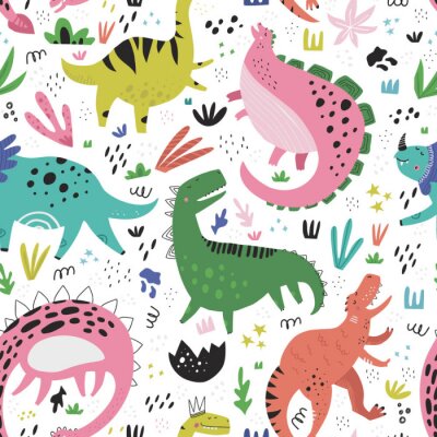 Behang De leuke dinosaurussen overhandigen getrokken kleuren vector naadloos patroon