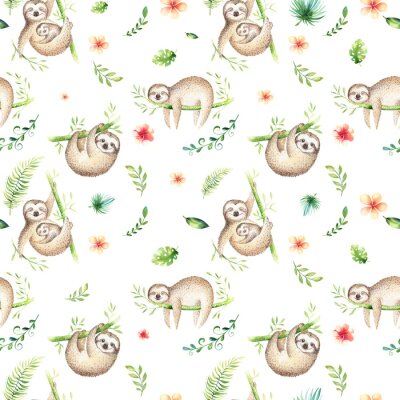 De luiaard het kinderdagverblijf van babydieren isoleerde het naadloze patroon schilderen. Aquarel boho tropische tekening, kind tropische tekening schattige palmboom bladeren, tropische groene textuu