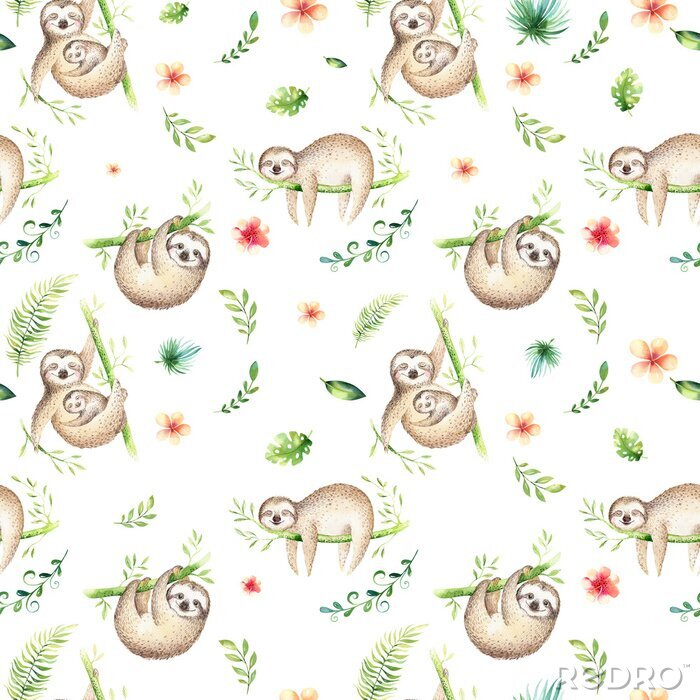 Behang De luiaard het kinderdagverblijf van babydieren isoleerde het naadloze patroon schilderen. Aquarel boho tropische tekening, kind tropische tekening schattige palmboom bladeren, tropische groene textuu
