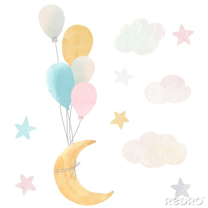 Behang De maan gedragen door kleurrijke ballonnen