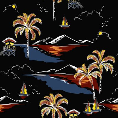 De mooie Hawaiiaanse naadloze vector van het eilandpatroon. Landschap met palmbomen, strand en oceaan vector hand getrokken stijl op zwarte kleur achtergrond