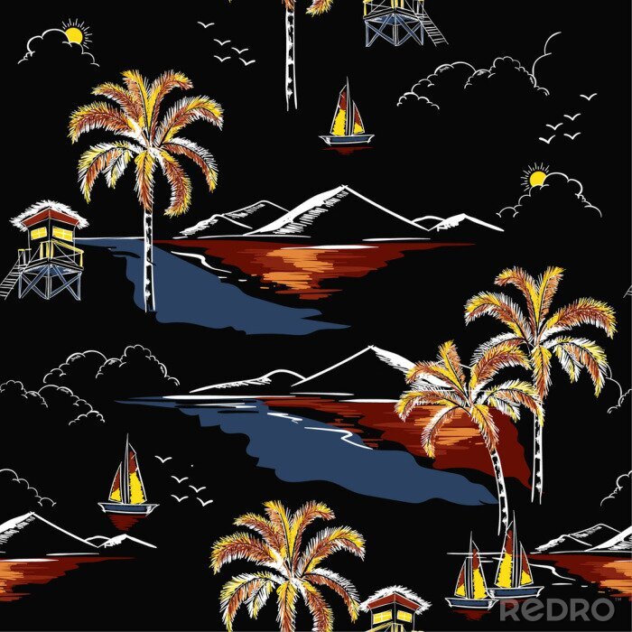 Behang De mooie Hawaiiaanse naadloze vector van het eilandpatroon. Landschap met palmbomen, strand en oceaan vector hand getrokken stijl op zwarte kleur achtergrond