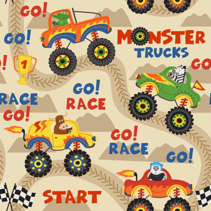 Behang de naadloze vrachtwagens van het patroonmonster met dieren op rasspoor - vectorillustratie, eps