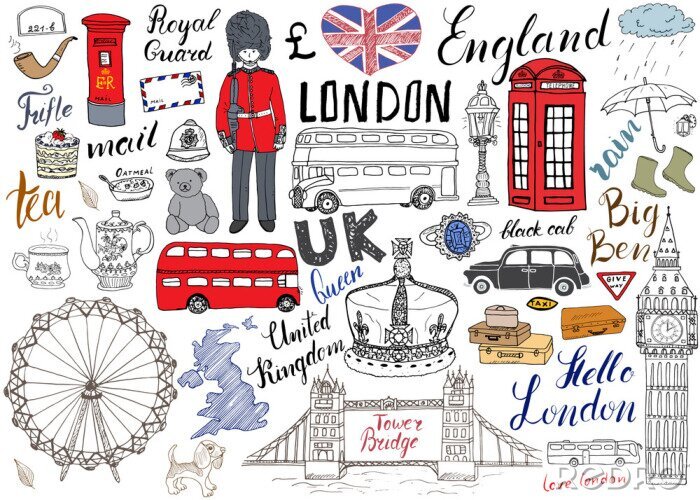 Behang De stad van Londen doodles elementen collectie. Hand getrokken set met, de Tower Bridge, de kroon, de big ben, koninklijke wacht, rode bus en zwarte taxi, Verenigd Koninkrijk kaart en vlag, theepot, b